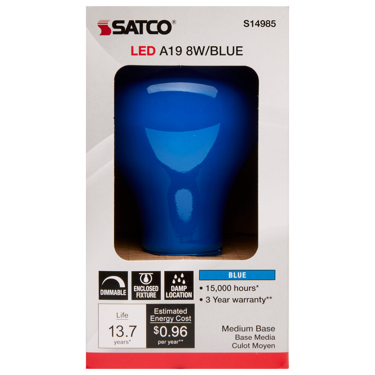 8 Watt A19 LED - Ceramic Blue - Medium base - 360 deg. Beam Angle - 120 Volt