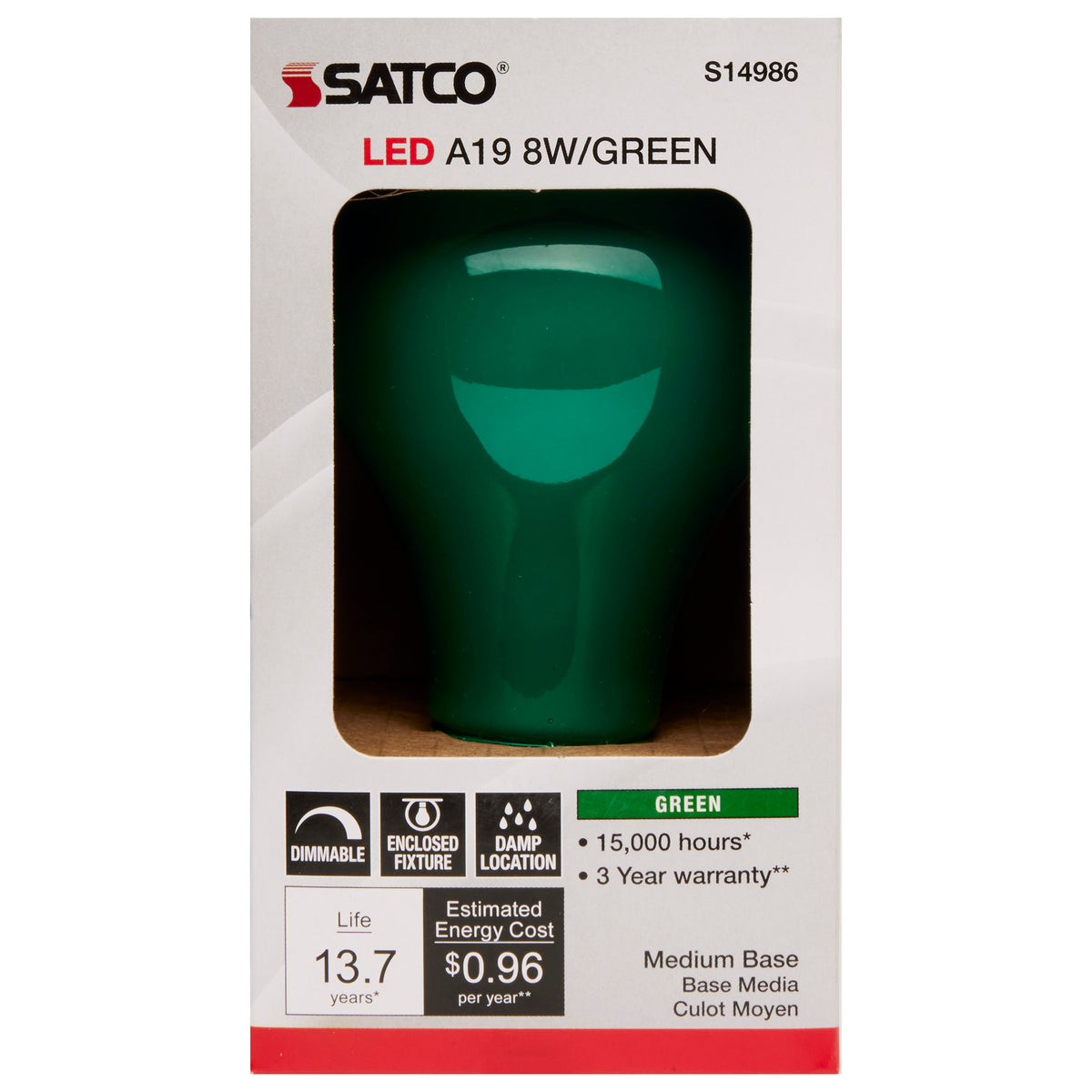 8 Watt A19 LED - Ceramic Green - Medium base - 360 deg. Beam Angle - 120 Volt