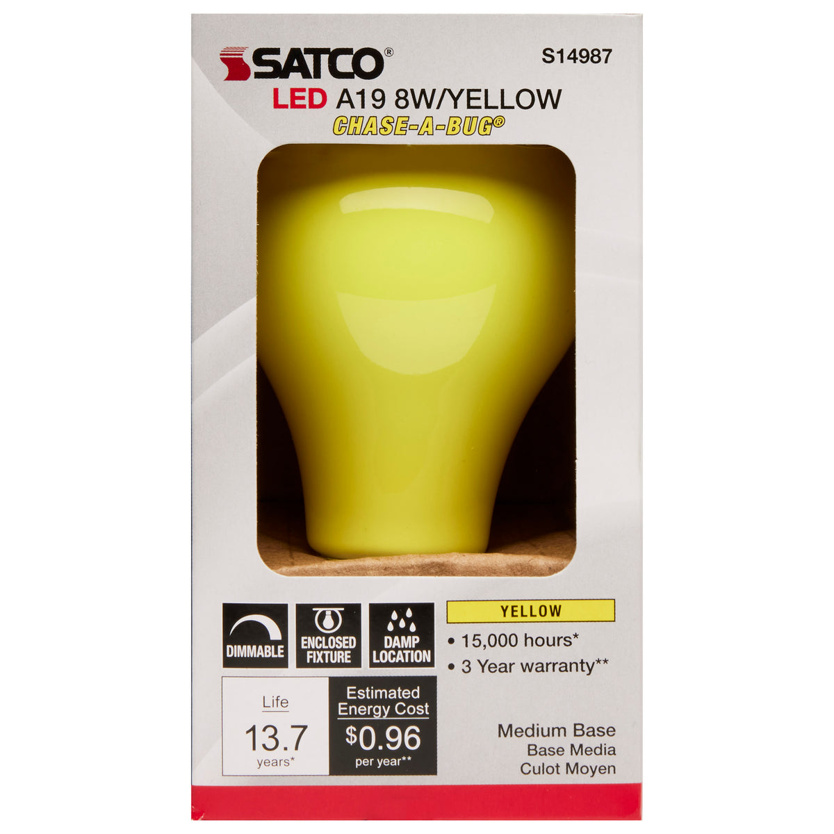 8 Watt A19 LED - Ceramic Yellow - Medium base - 360 deg. Beam Angle - 120 Volt