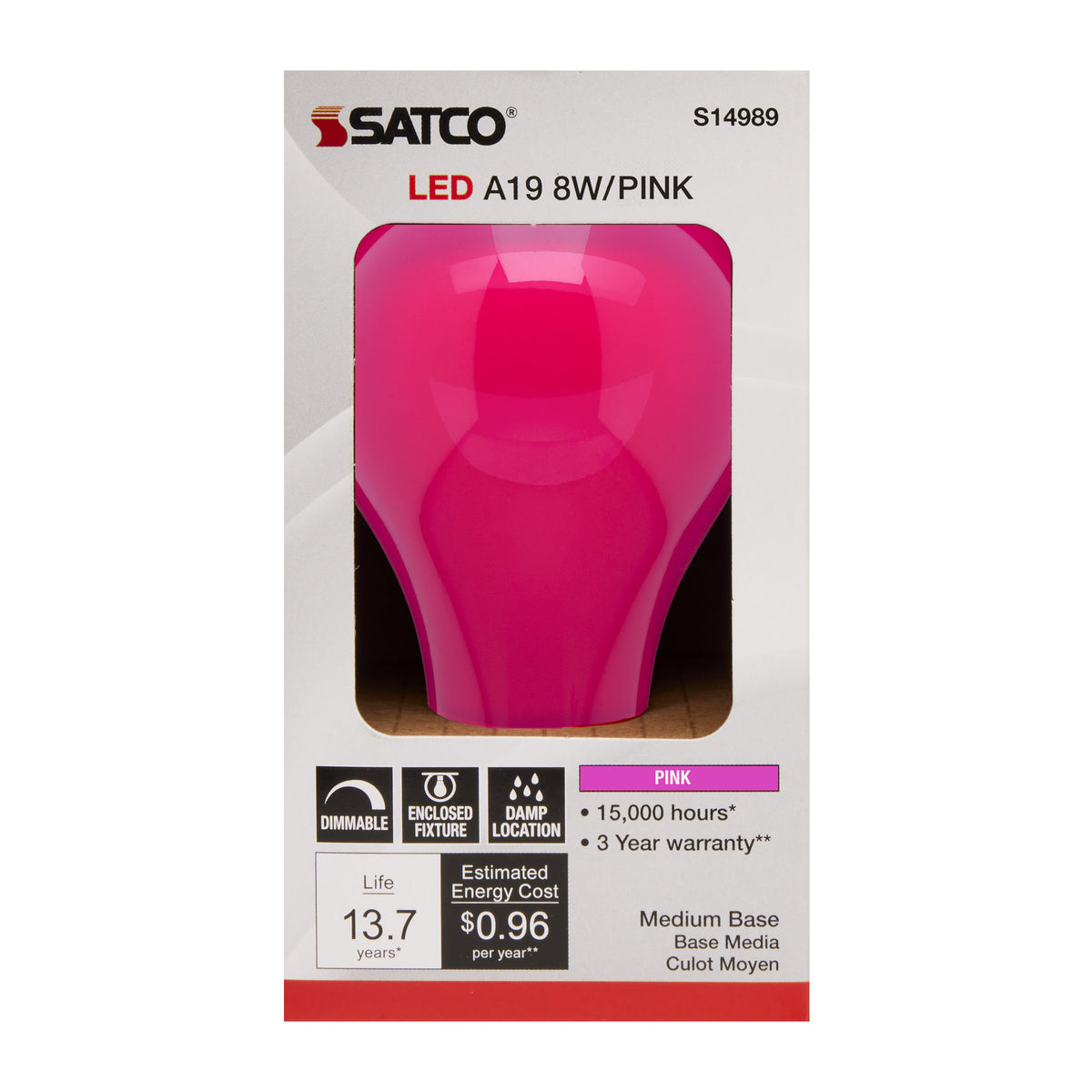 8 Watt A19 LED - Ceramic Pink - Medium base - 360 deg. Beam Angle - 120 Volt