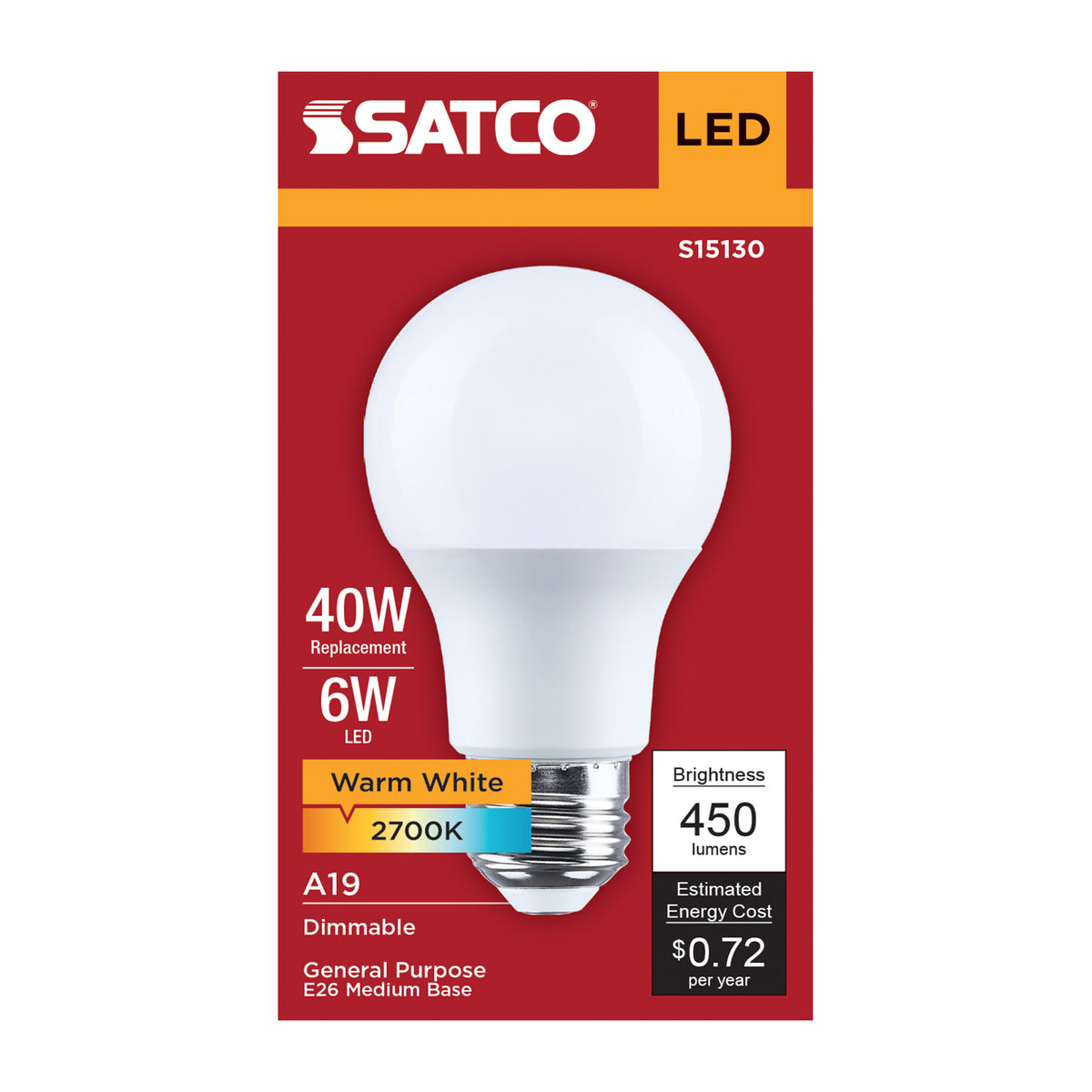 6 Watt A19 LED - 2700K CCT - 80 CRI - Medium Base - Plastic, Dimmable - 120 Volt