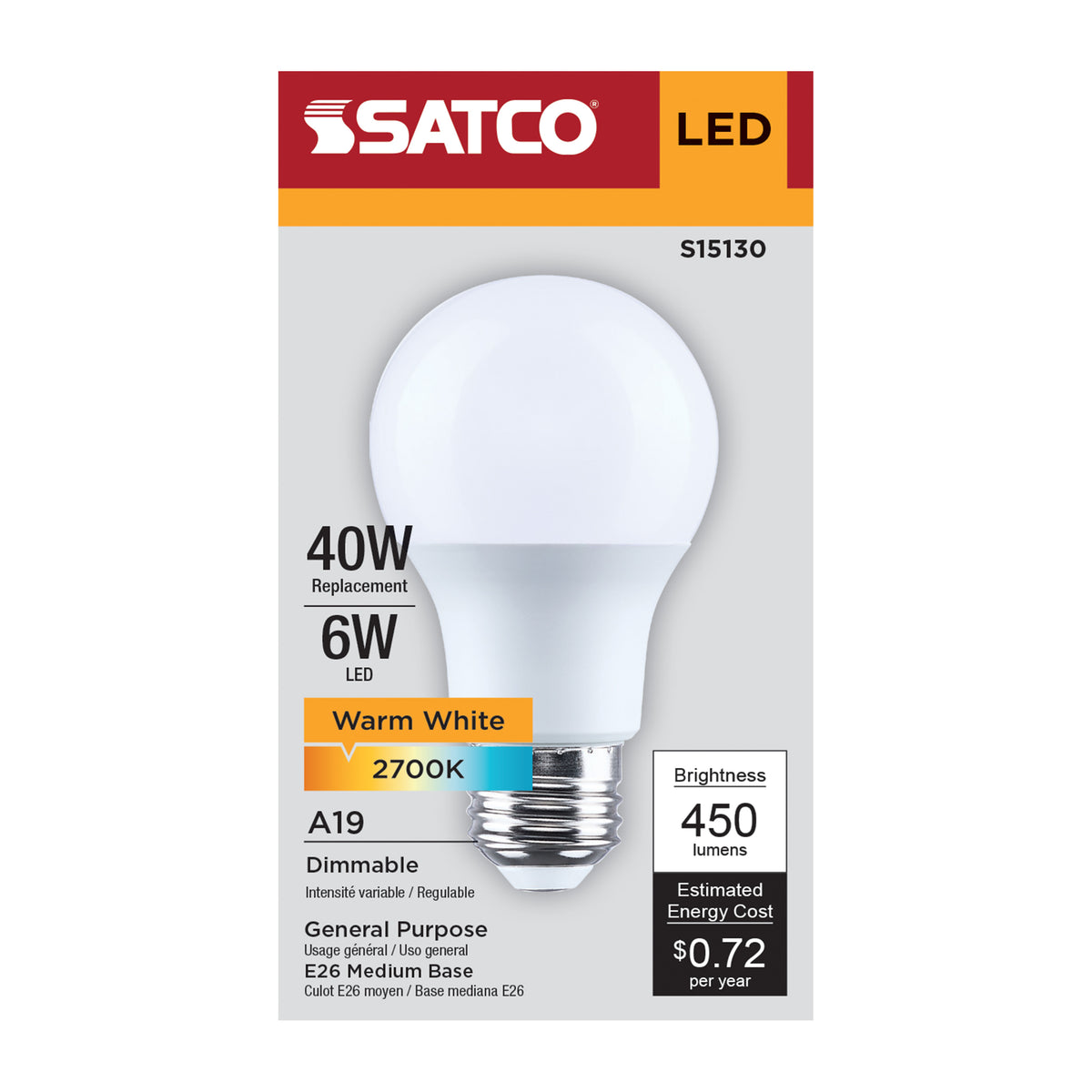6 Watt A19 LED - 2700K CCT - 80 CRI - Medium Base - Plastic, Dimmable - 120 Volt