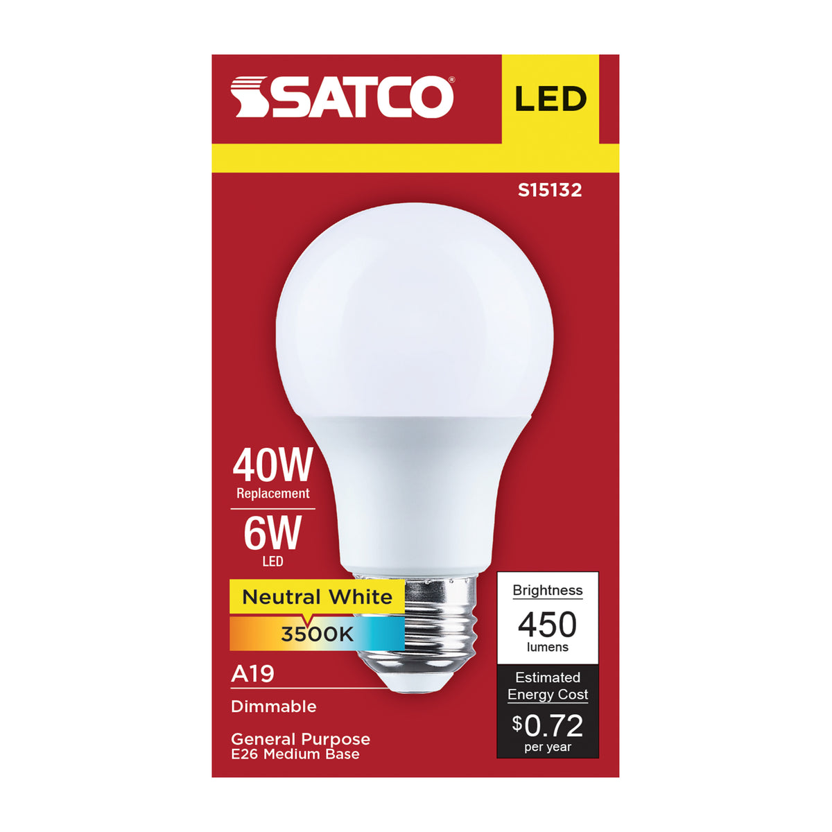 6 Watt A19 LED - 3500K CCT - 80 CRI - Medium Base - Plastic - Dimmable - 120 Volt