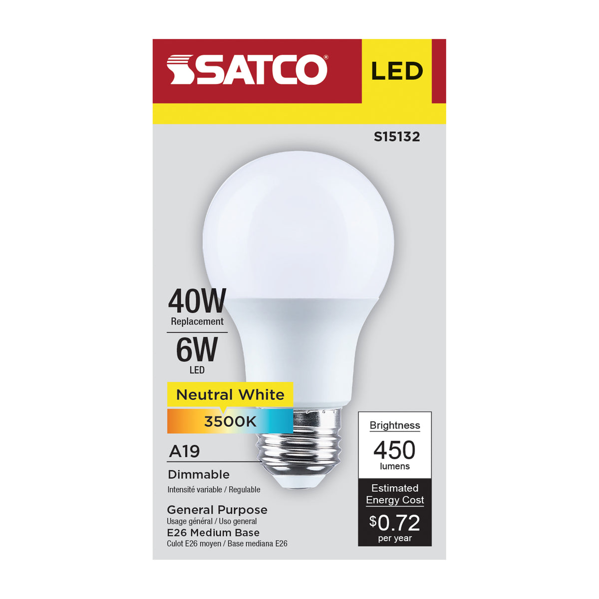6 Watt A19 LED - 3500K CCT - 80 CRI - Medium Base - Plastic - Dimmable - 120 Volt