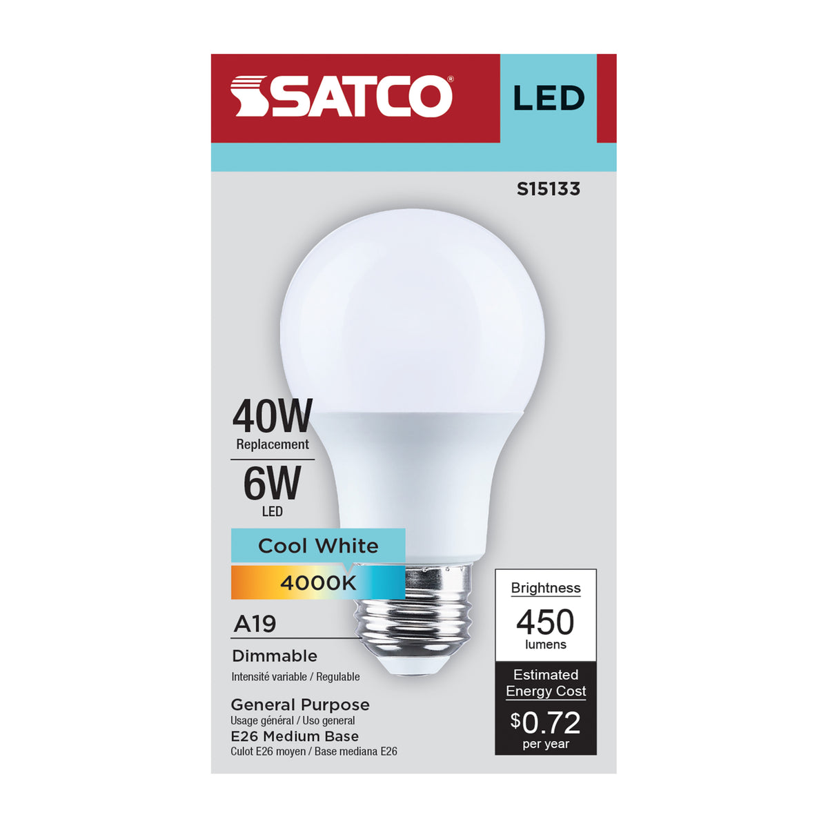 6 Watt A19 LED - 4000K CCT - 80 CRI - Medium Base - Plastic - Dimmable - 120 Volt