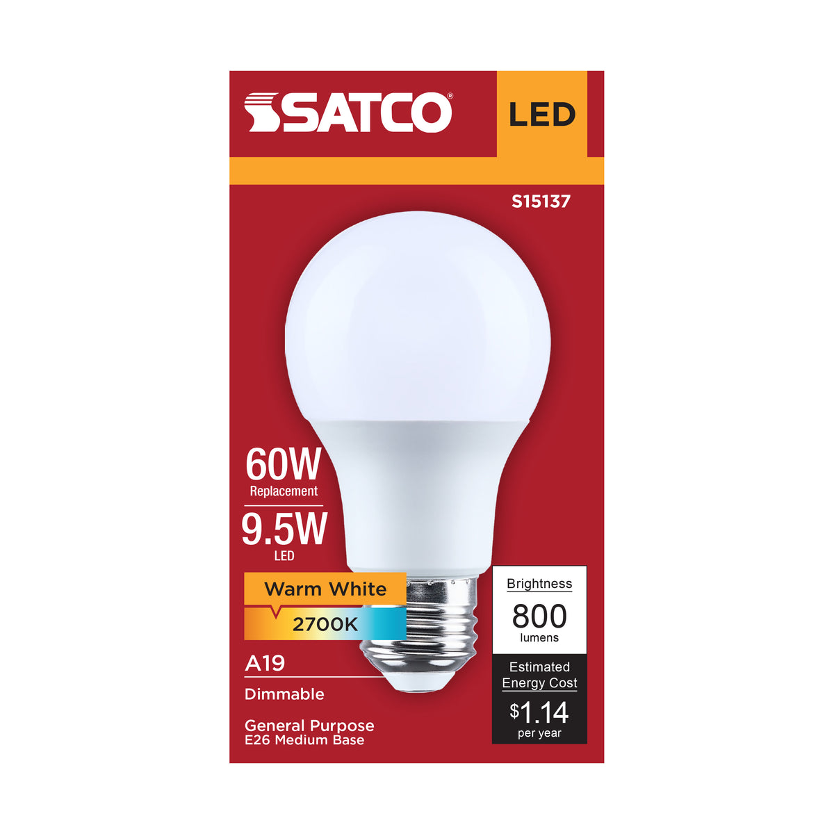 9.5 Watt A19 LED - 2700K CCT - 80 CRI - Medium Base - Plastic - Dimmable - 120 Volt