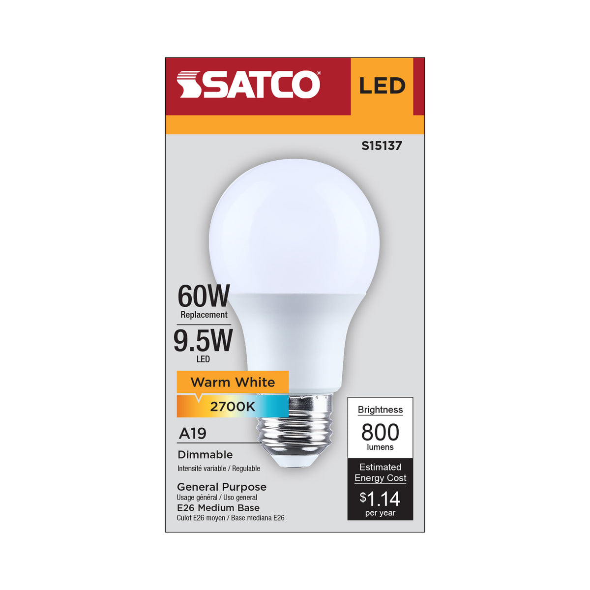 9.5 Watt A19 LED - 2700K CCT - 80 CRI - Medium Base - Plastic - Dimmable - 120 Volt
