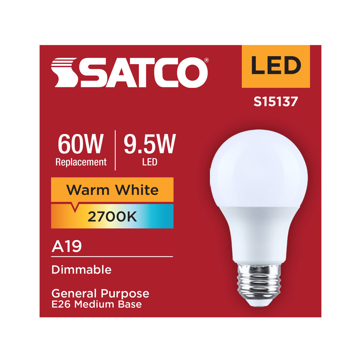 9.5 Watt A19 LED - 2700K CCT - 80 CRI - Medium Base - Plastic - Dimmable - 120 Volt