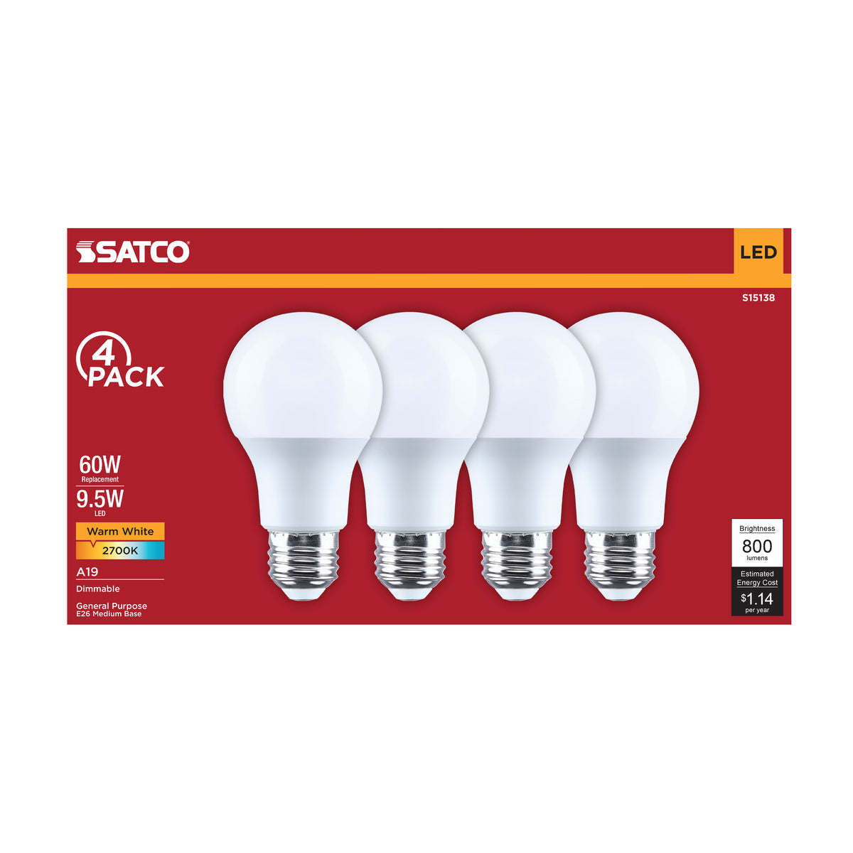 9.5 Watt A19 LED - 2700K CCT - 80 CRI - Medium Base - Plastic - Dimmable - 120 Volt - 4-Pack