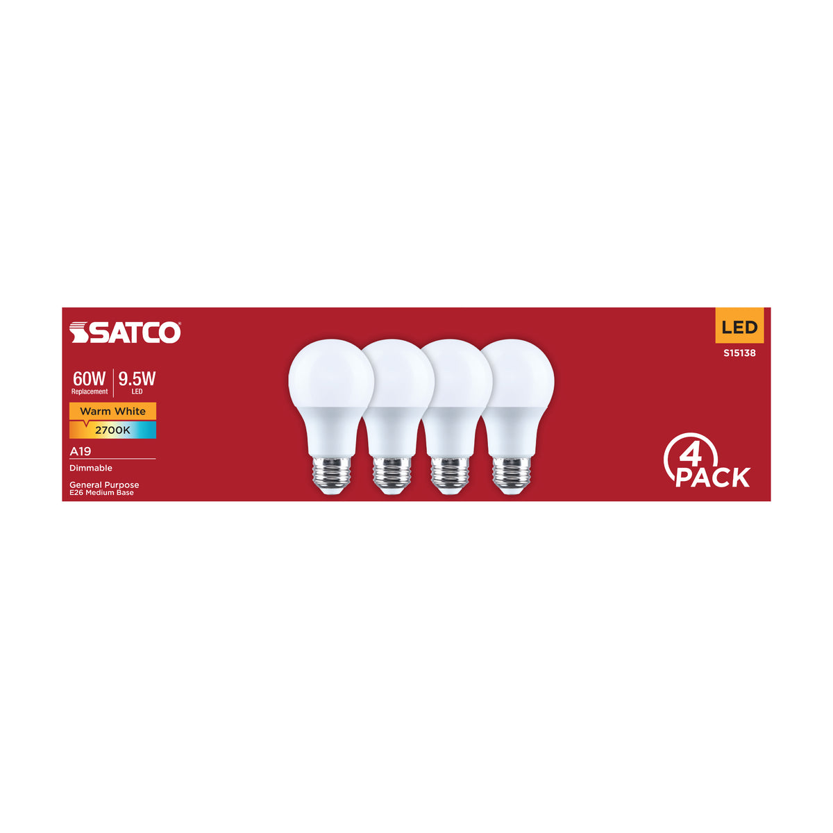 9.5 Watt A19 LED - 2700K CCT - 80 CRI - Medium Base - Plastic - Dimmable - 120 Volt - 4-Pack