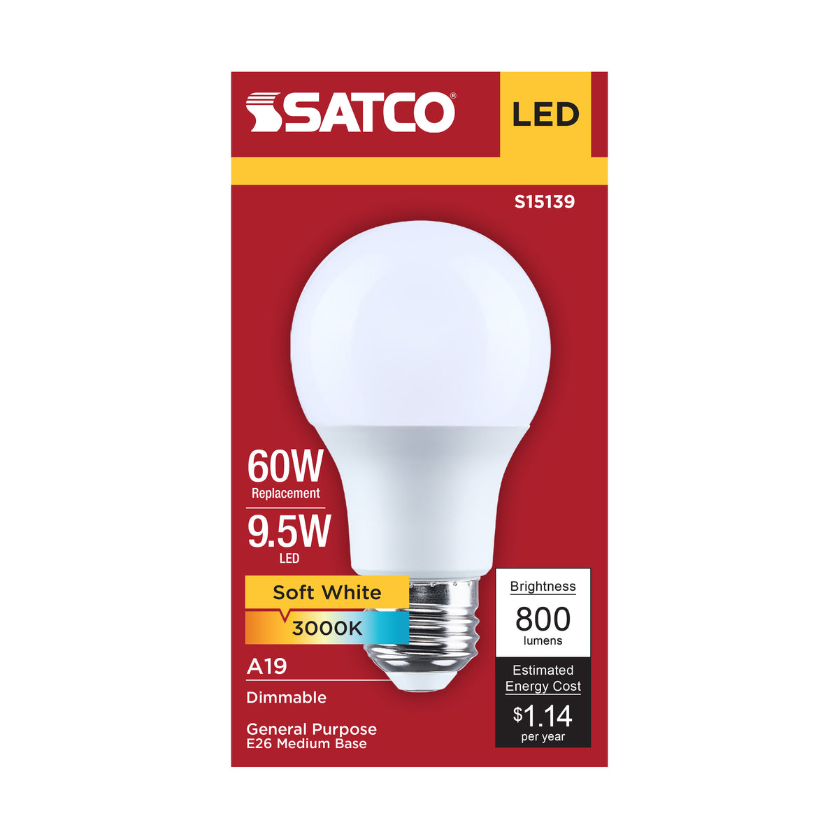 9.5 Watt A19 LED - 3000K CCT - 80 CRI - Medium Base - Plastic - Dimmable - 120 Volt