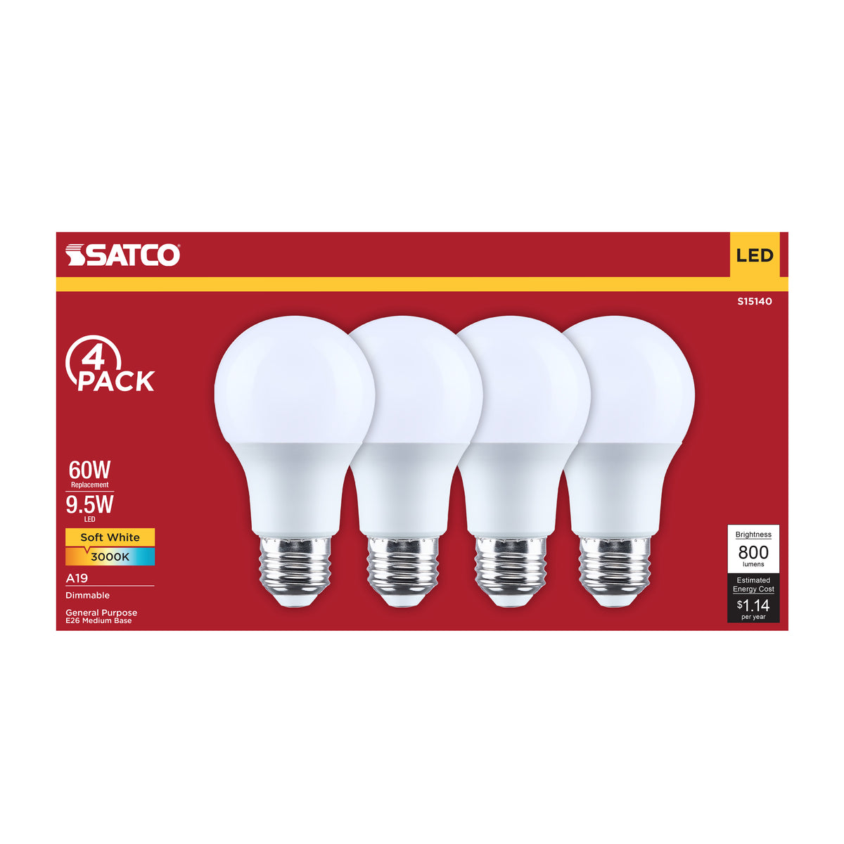 9.5 Watt A19 LED - 3000K CCT - 80 CRI - Medium Base - Plastic - Dimmable - 120 Volt - 4-Pack