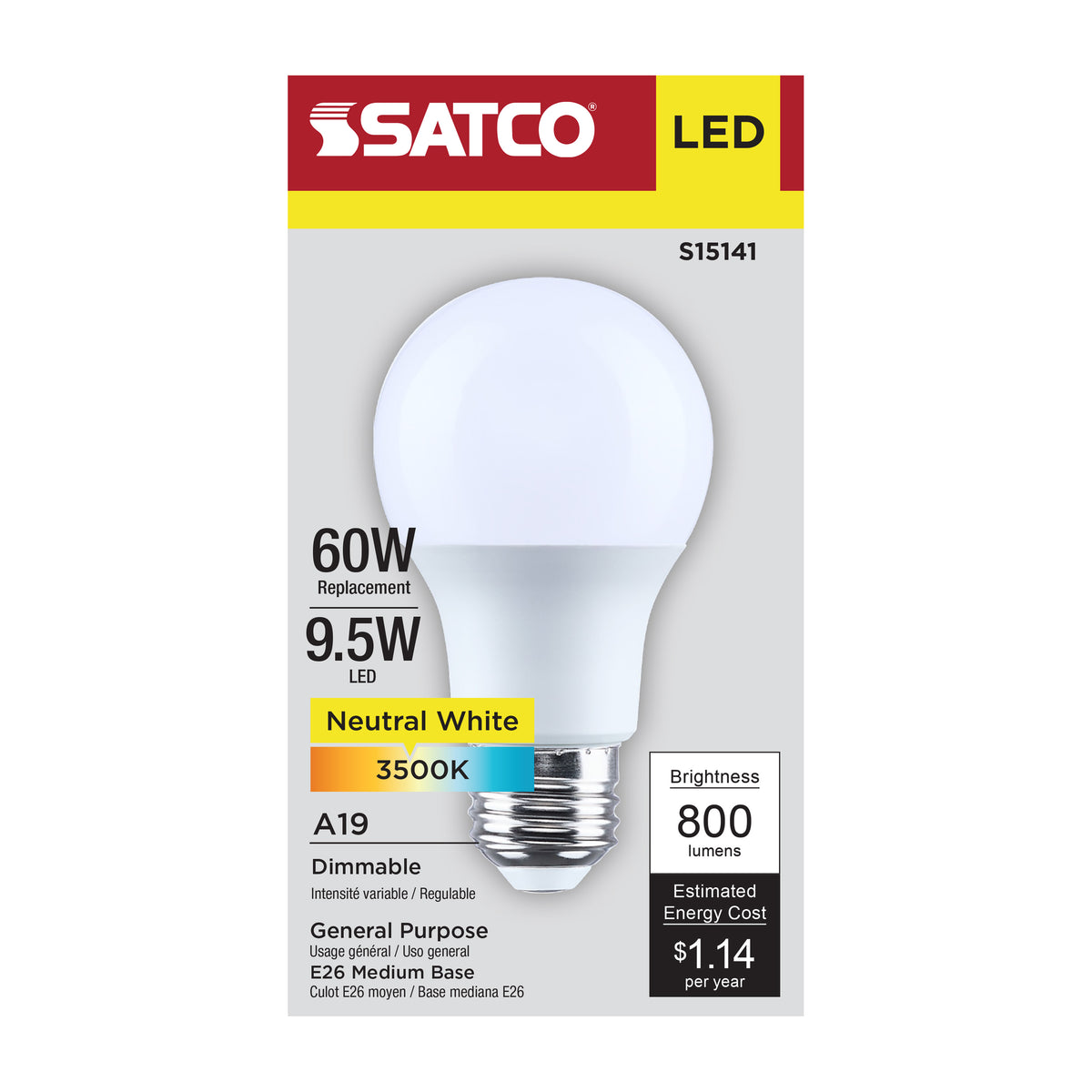 9.5 Watt A19 LED - 3500K CCT - 80 CRI - Medium Base - Plastic - Dimmable - 120 Volt
