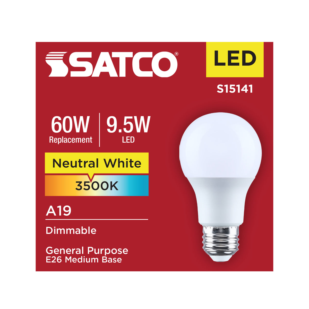 9.5 Watt A19 LED - 3500K CCT - 80 CRI - Medium Base - Plastic - Dimmable - 120 Volt