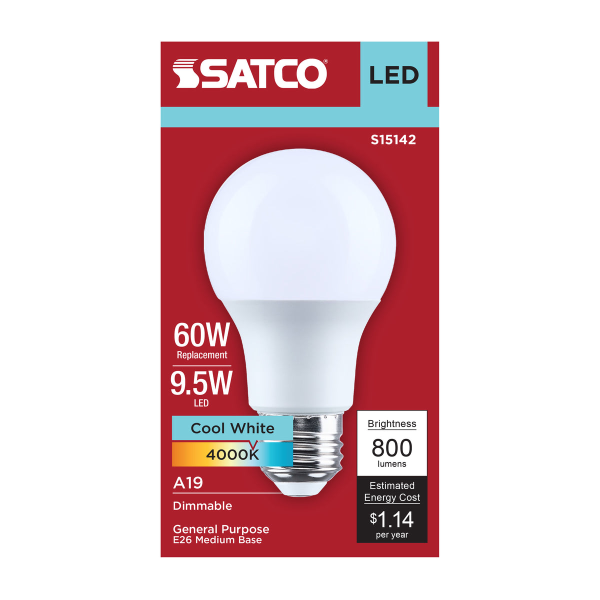 9.5 Watt A19 LED - 4000K CCT - 80 CRI - Medium Base - Plastic - Dimmable - 120 Volt