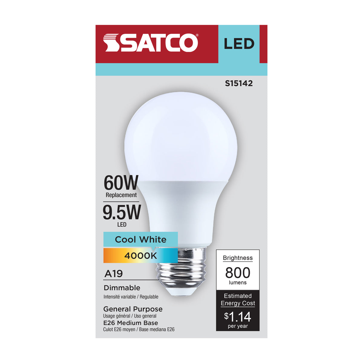 9.5 Watt A19 LED - 4000K CCT - 80 CRI - Medium Base - Plastic - Dimmable - 120 Volt