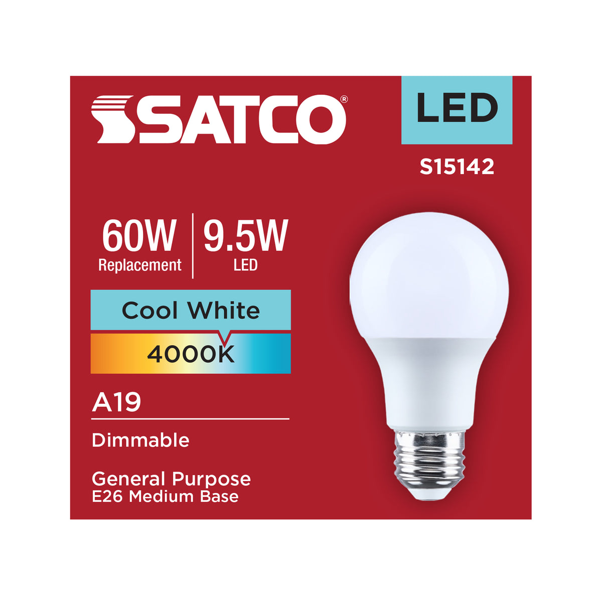 9.5 Watt A19 LED - 4000K CCT - 80 CRI - Medium Base - Plastic - Dimmable - 120 Volt