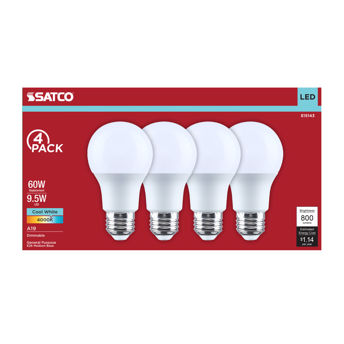 9.5 Watt A19 LED - 4000K CCT - 80 CRI - Medium Base - Plastic - Dimmable - 120 Volt - 4-Pack