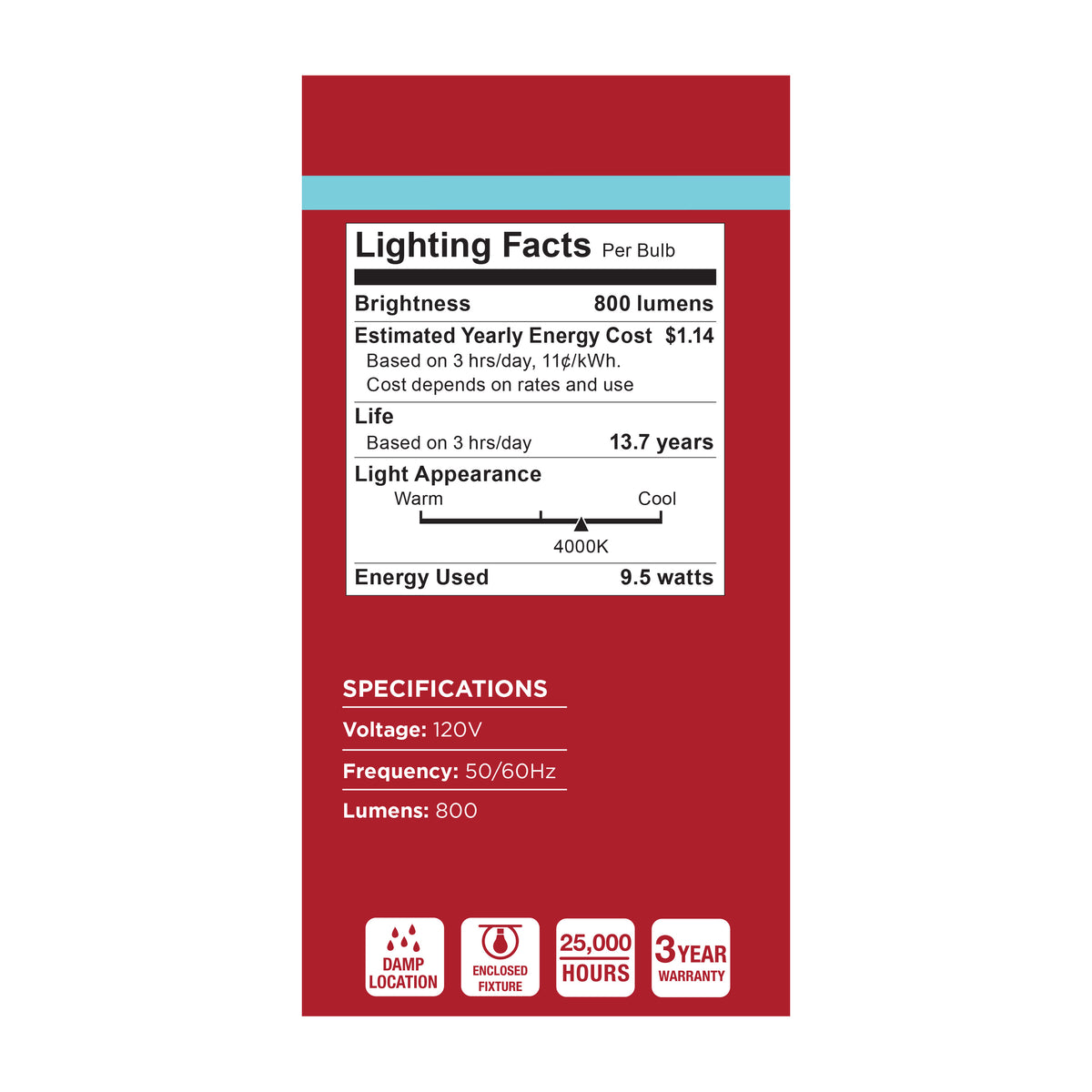 9.5 Watt A19 LED - 4000K CCT - 80 CRI - Medium Base - Plastic - Dimmable - 120 Volt - 4-Pack