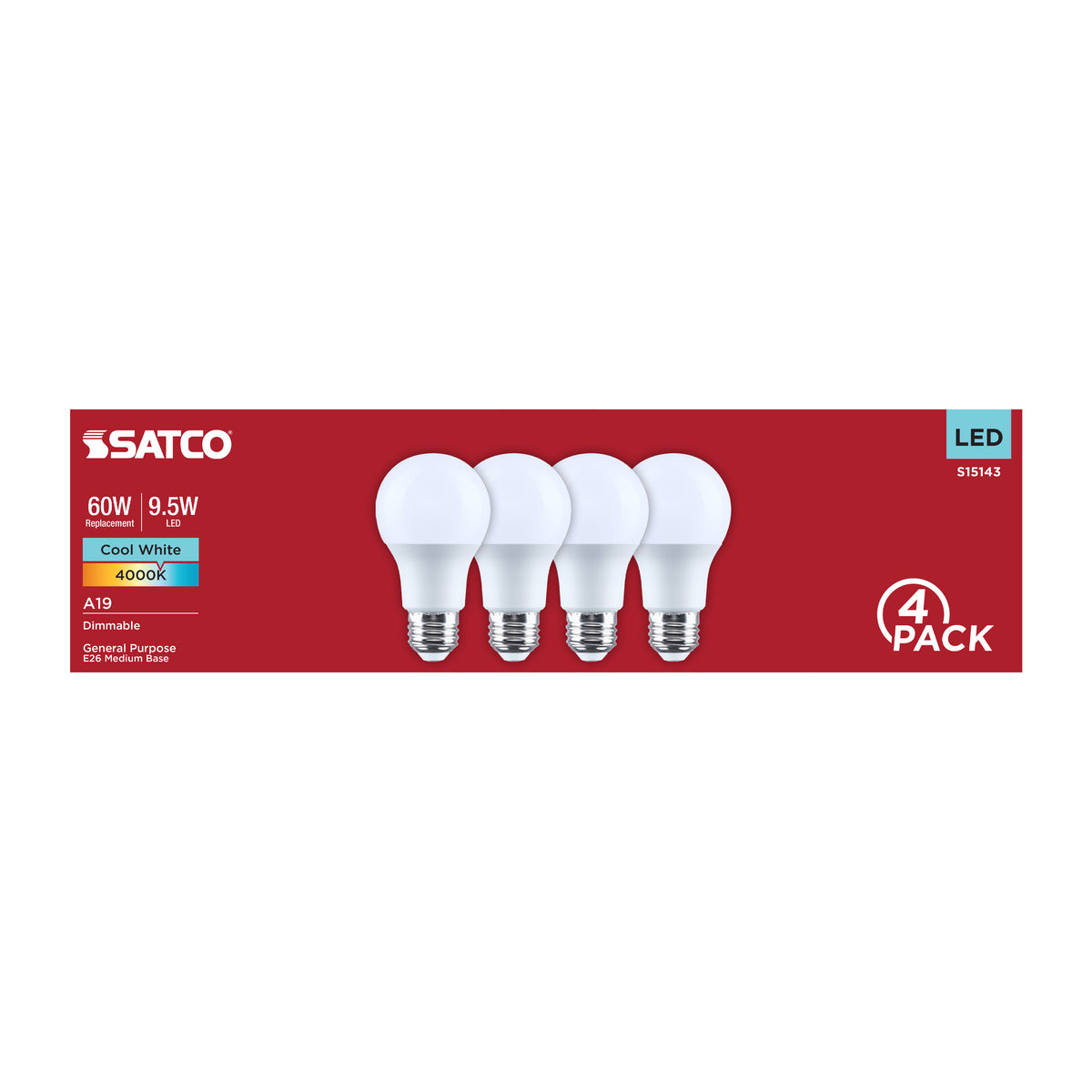 9.5 Watt A19 LED - 4000K CCT - 80 CRI - Medium Base - Plastic - Dimmable - 120 Volt - 4-Pack