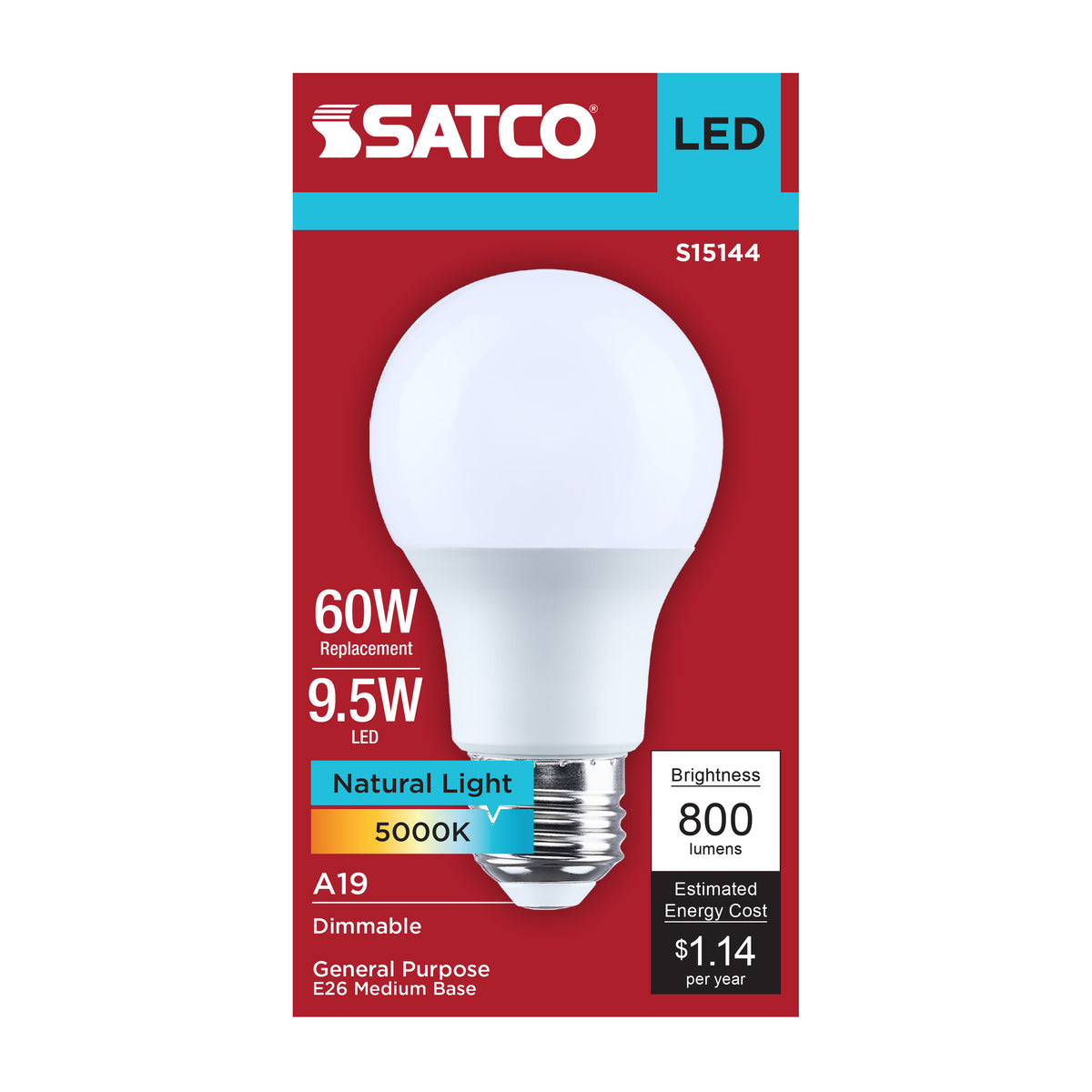 9.5 Watt A19 LED - 5000K CCT - 80 CRI - Medium Base - Plastic - Dimmable - 120 Volt