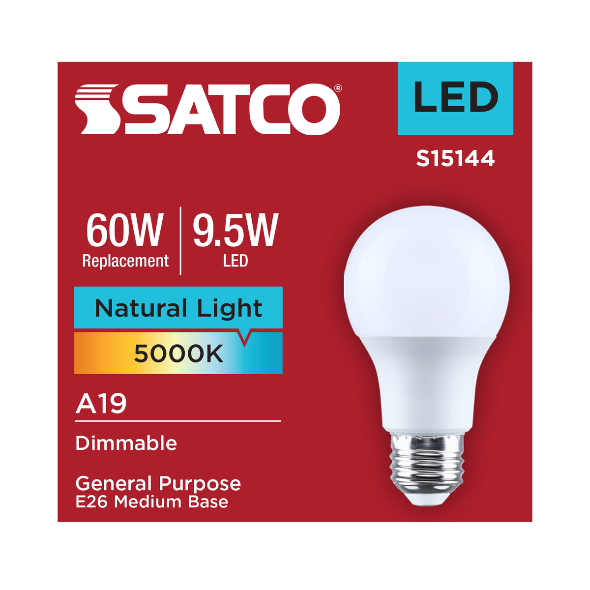 9.5 Watt A19 LED - 5000K CCT - 80 CRI - Medium Base - Plastic - Dimmable - 120 Volt