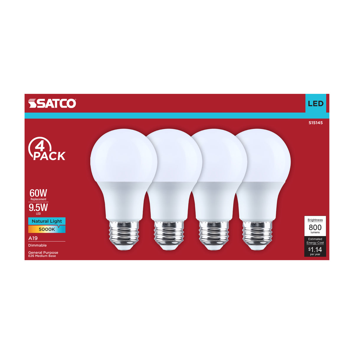 9.5 Watt A19 LED - 5000K CCT - 80 CRI - Medium Base - Plastic - Dimmable - 120 Volt - 4-Pack