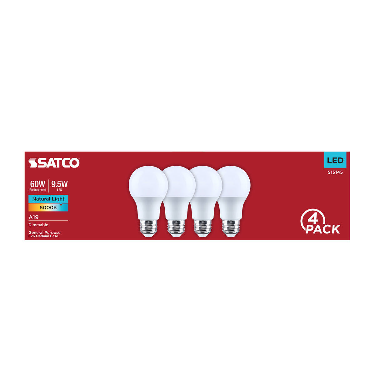 9.5 Watt A19 LED - 5000K CCT - 80 CRI - Medium Base - Plastic - Dimmable - 120 Volt - 4-Pack