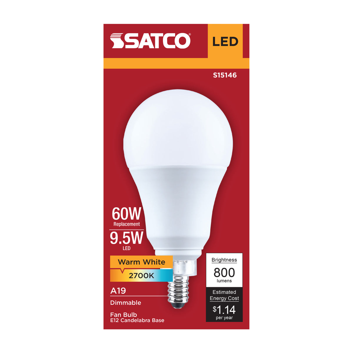 9.5 Watt A19 LED - 2700K CCT - 80 CRI - Candelabra Base - Plastic - Dimmable - 120 Volt