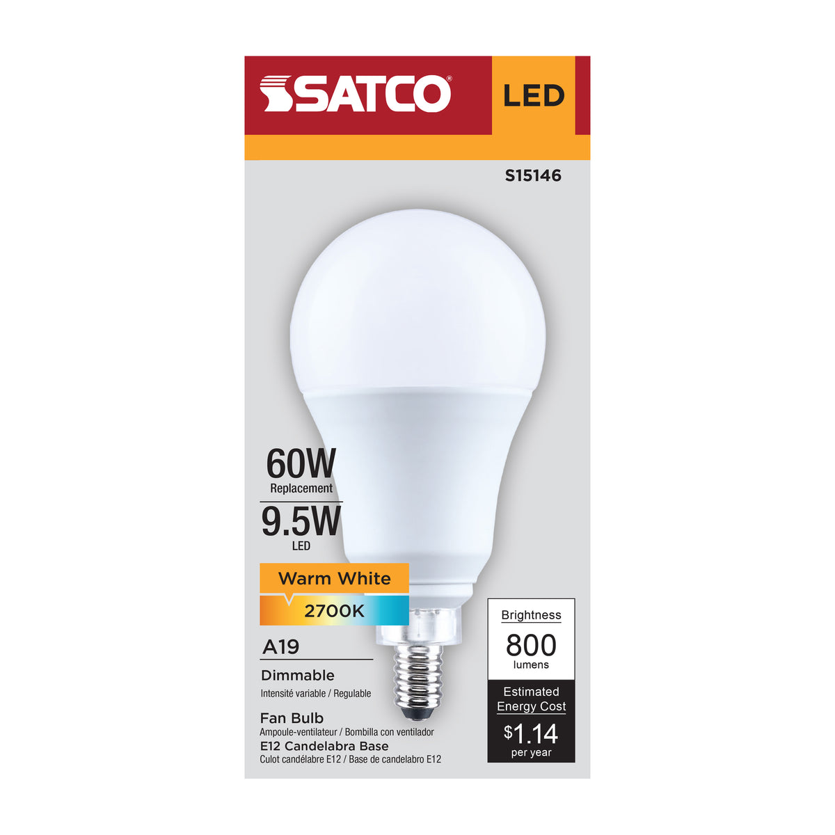 9.5 Watt A19 LED - 2700K CCT - 80 CRI - Candelabra Base - Plastic - Dimmable - 120 Volt