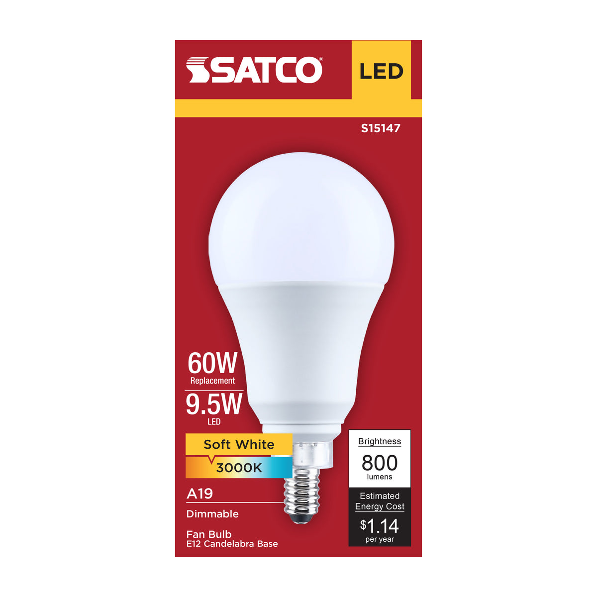 9.5 Watt A19 LED - 3000K CCT - 80 CRI - Candelabra Base - Plastic - Dimmable - 120 Volt