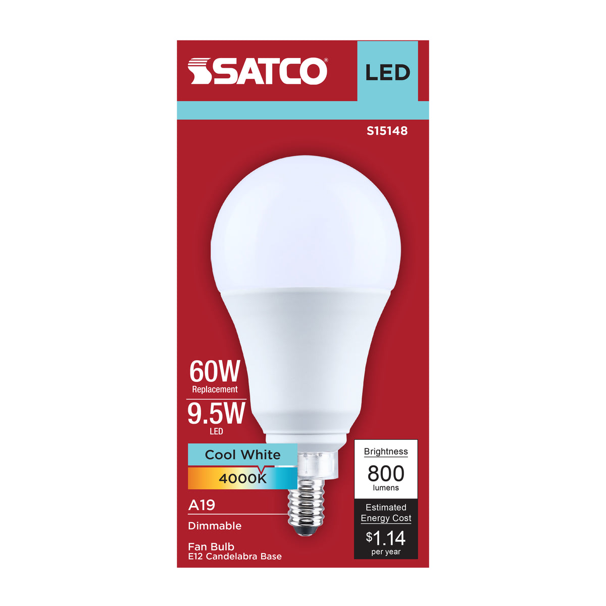 9.5 Watt A19 LED - 4000K CCT - 80 CRI - Candelabra Base - Plastic - Dimmable - 120 Volt