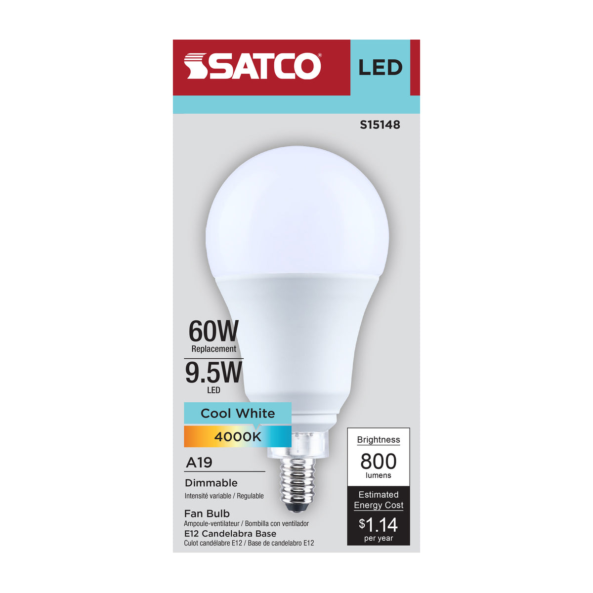 9.5 Watt A19 LED - 4000K CCT - 80 CRI - Candelabra Base - Plastic - Dimmable - 120 Volt
