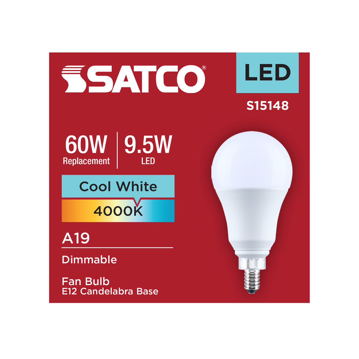 9.5 Watt A19 LED - 4000K CCT - 80 CRI - Candelabra Base - Plastic - Dimmable - 120 Volt