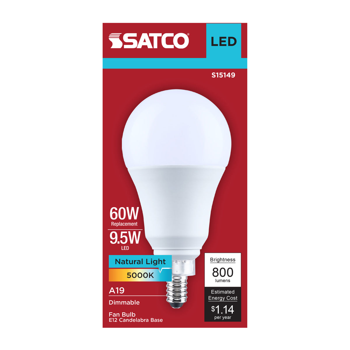 9.5 Watt A19 LED - 5000K CCT - 80 CRI - Candelabra Base - Plastic - Dimmable - 120 Volt