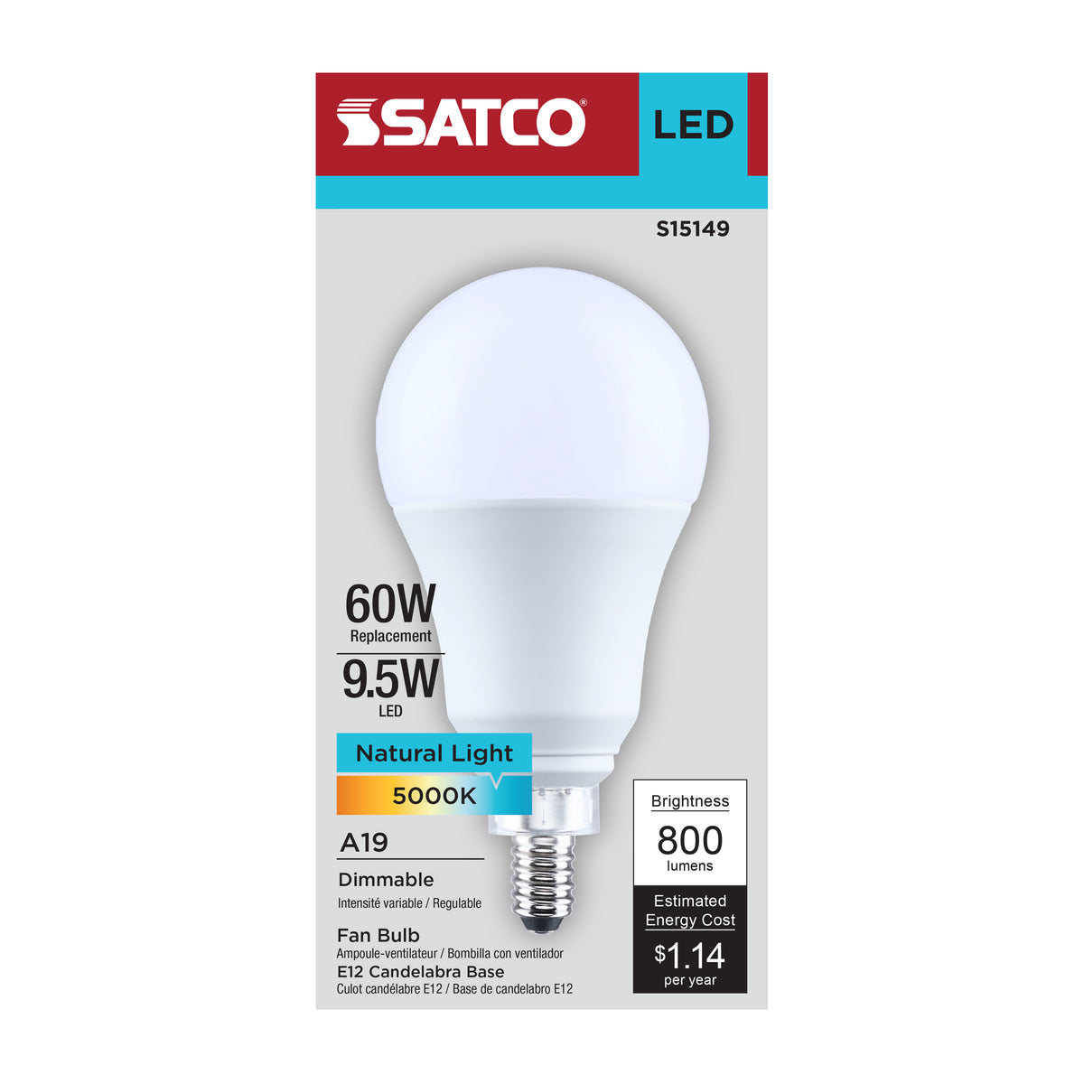 9.5 Watt A19 LED - 5000K CCT - 80 CRI - Candelabra Base - Plastic - Dimmable - 120 Volt
