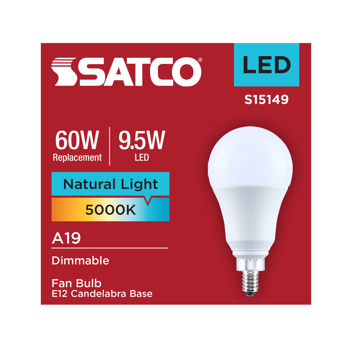 9.5 Watt A19 LED - 5000K CCT - 80 CRI - Candelabra Base - Plastic - Dimmable - 120 Volt