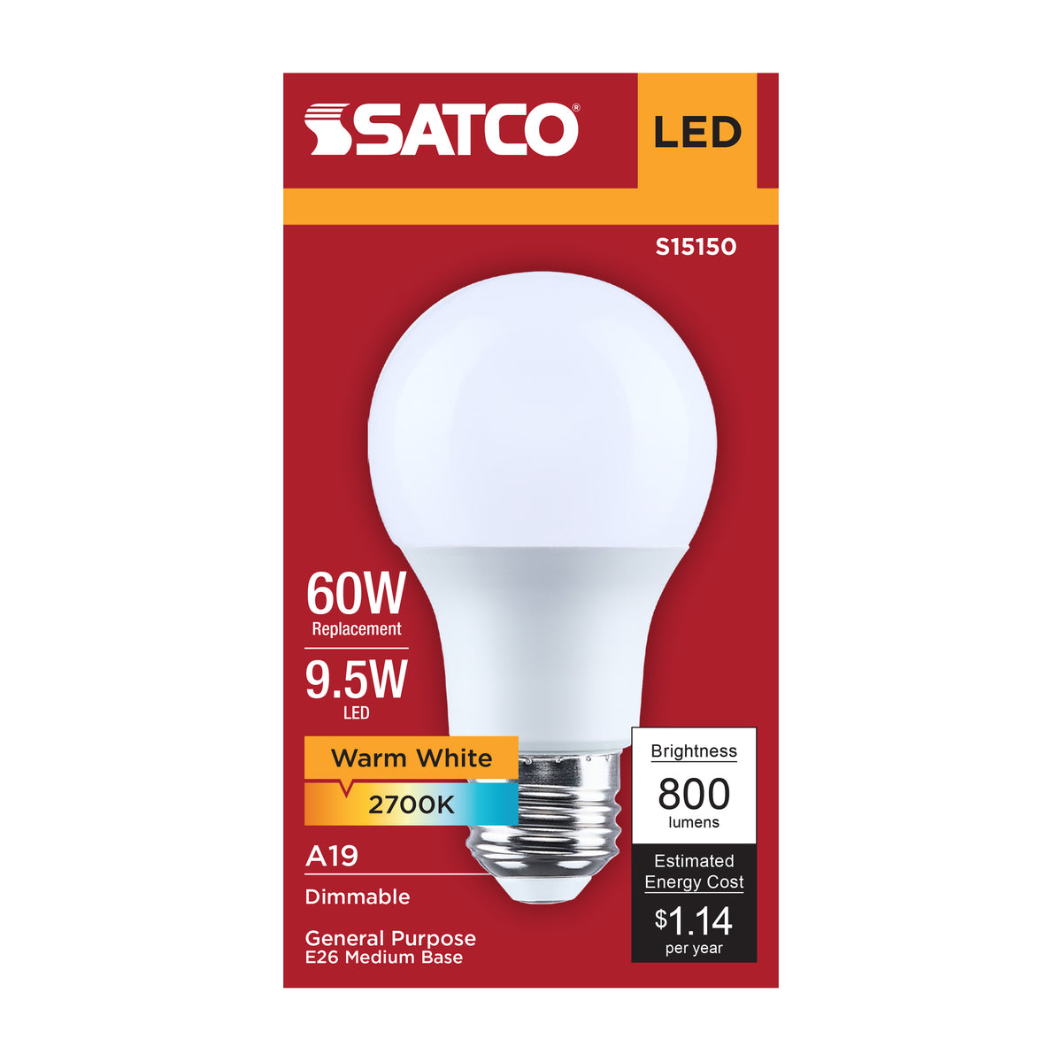 9.5 Watt A19 LED - 2700K CCT - 90 CRI - Medium Base - Plastic - Dimmable - 120 Volt