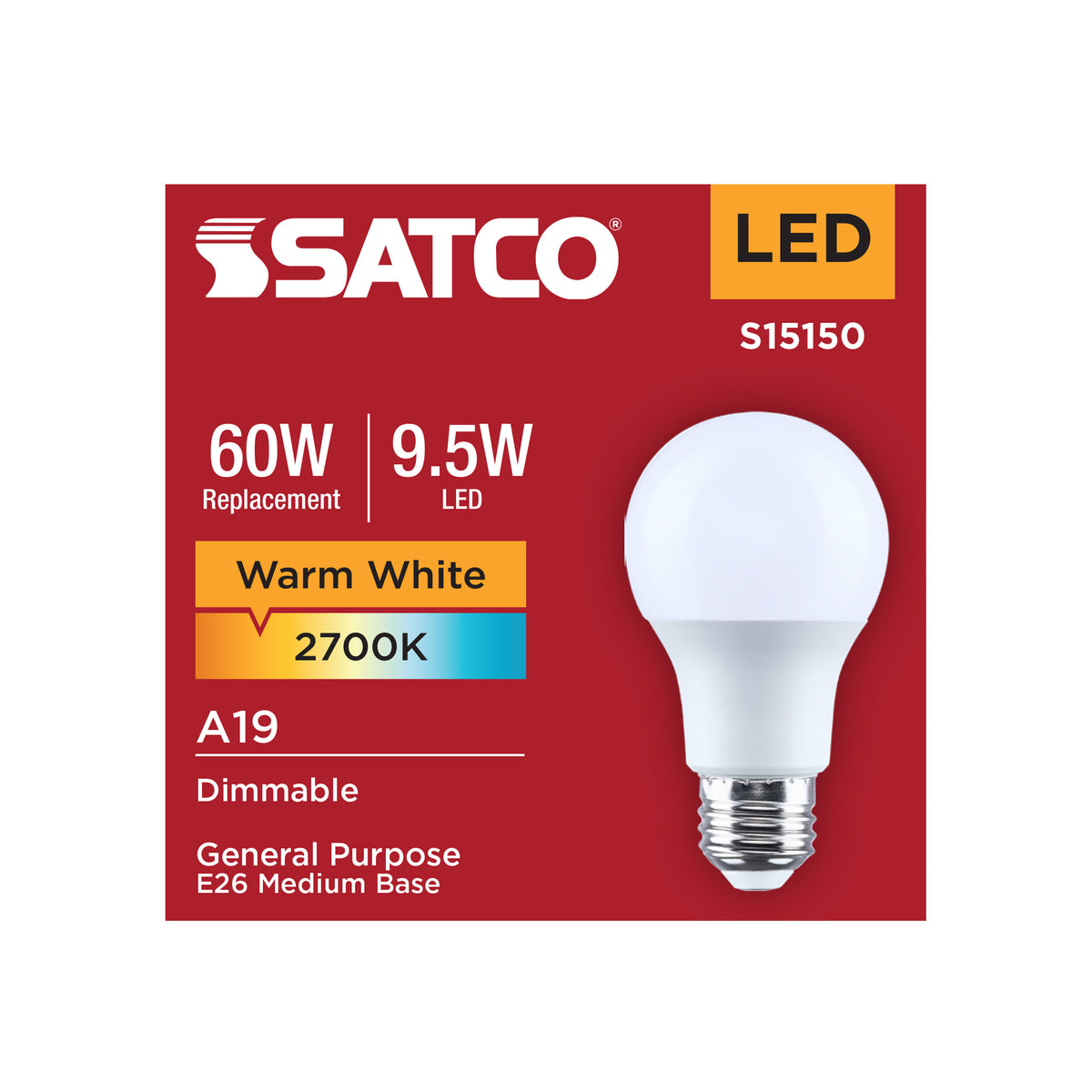 9.5 Watt A19 LED - 2700K CCT - 90 CRI - Medium Base - Plastic - Dimmable - 120 Volt