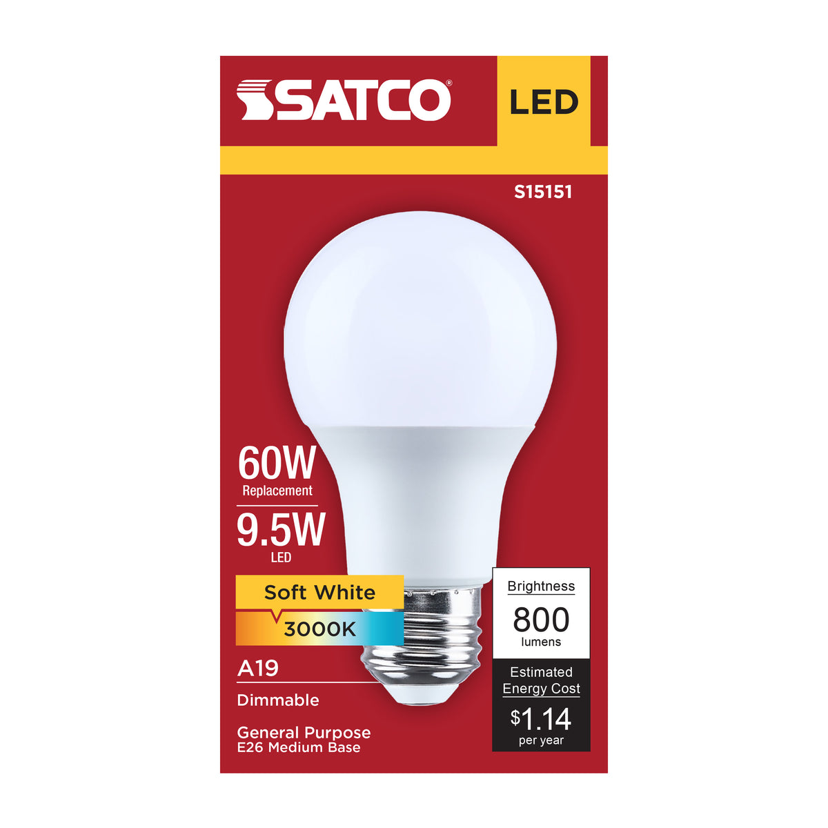 9.5 Watt A19 LED - 3000K CCT - 90 CRI - Medium Base - Plastic - Dimmable - 120 Volt