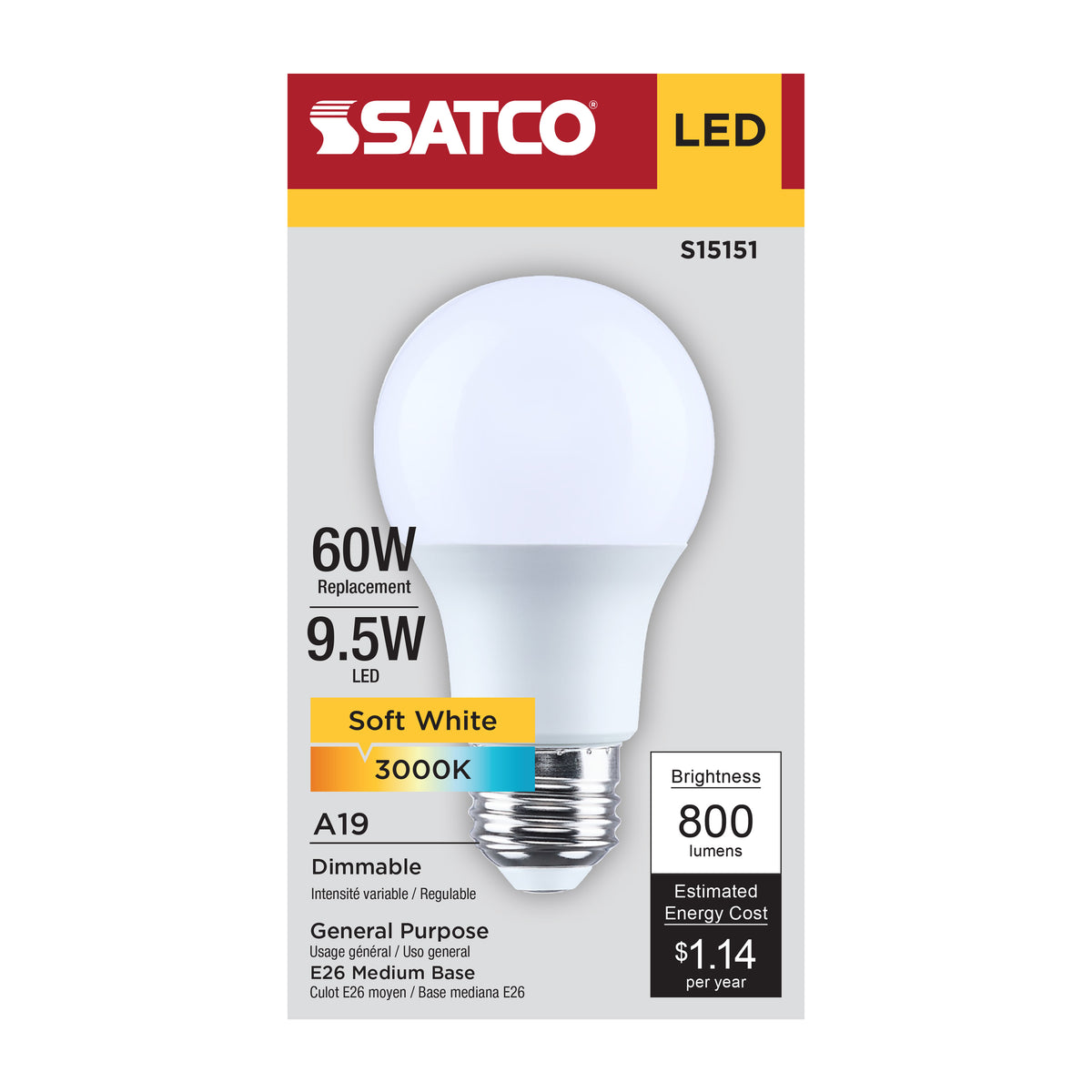 9.5 Watt A19 LED - 3000K CCT - 90 CRI - Medium Base - Plastic - Dimmable - 120 Volt
