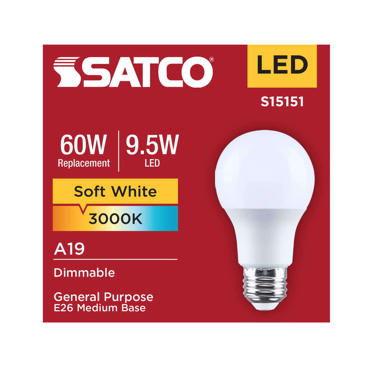 9.5 Watt A19 LED - 3000K CCT - 90 CRI - Medium Base - Plastic - Dimmable - 120 Volt