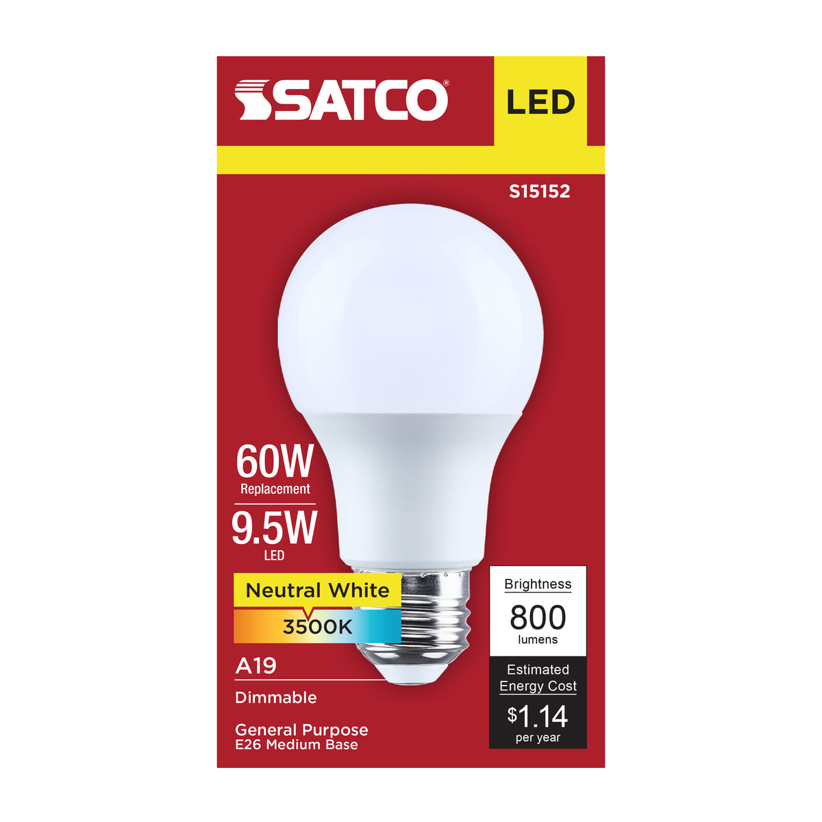 9.5 Watt A19 LED - 3500K CCT - 90 CRI - Medium Base - Plastic - Dimmable - 120 Volt