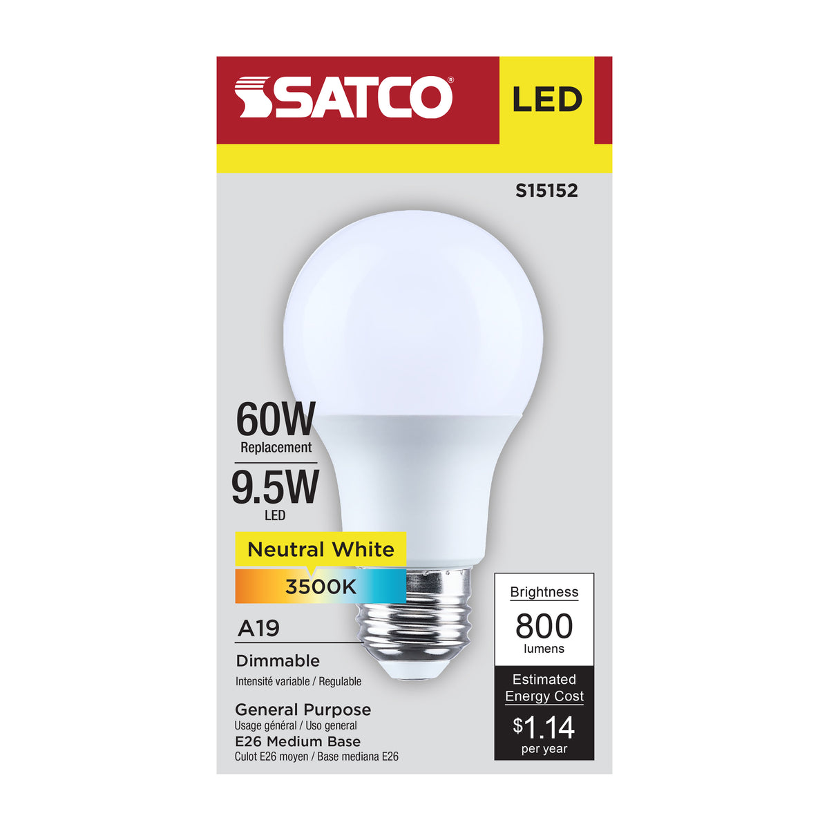 9.5 Watt A19 LED - 3500K CCT - 90 CRI - Medium Base - Plastic - Dimmable - 120 Volt