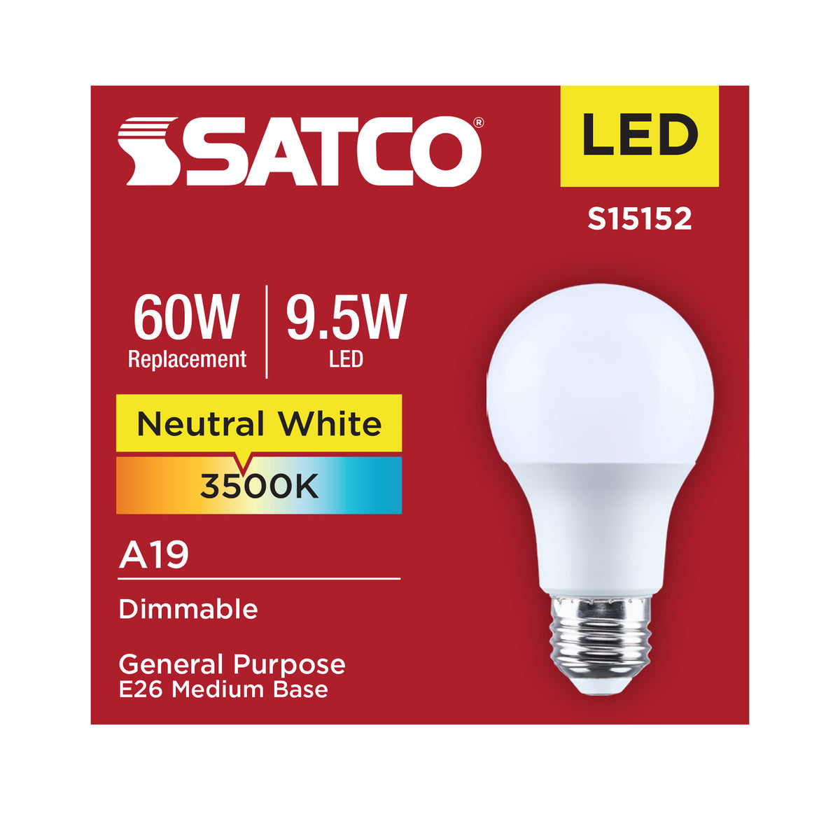 9.5 Watt A19 LED - 3500K CCT - 90 CRI - Medium Base - Plastic - Dimmable - 120 Volt