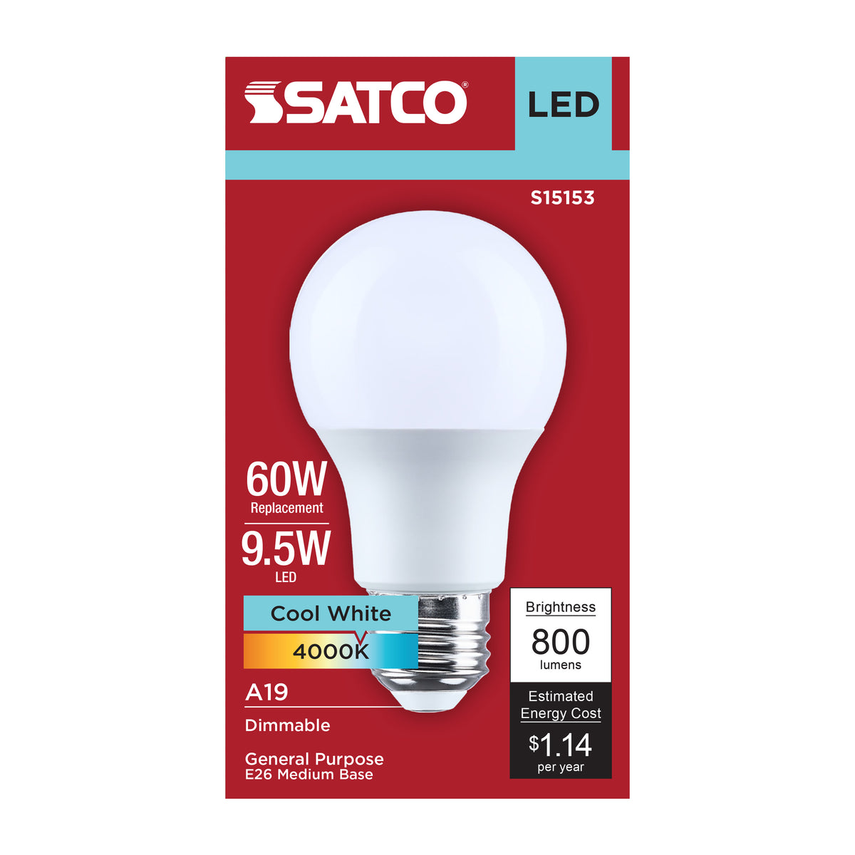 9.5 Watt A19 LED - 4000K CCT - 90 CRI - Medium Base - Plastic - Dimmable - 120 Volt