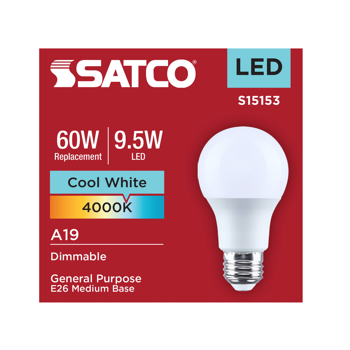 9.5 Watt A19 LED - 4000K CCT - 90 CRI - Medium Base - Plastic - Dimmable - 120 Volt