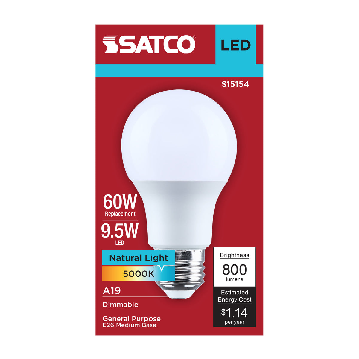 9.5 Watt A19 LED - 5000K CCT - 90 CRI - Medium Base - Plastic - Dimmable - 120 Volt