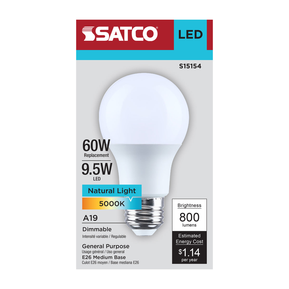 9.5 Watt A19 LED - 5000K CCT - 90 CRI - Medium Base - Plastic - Dimmable - 120 Volt