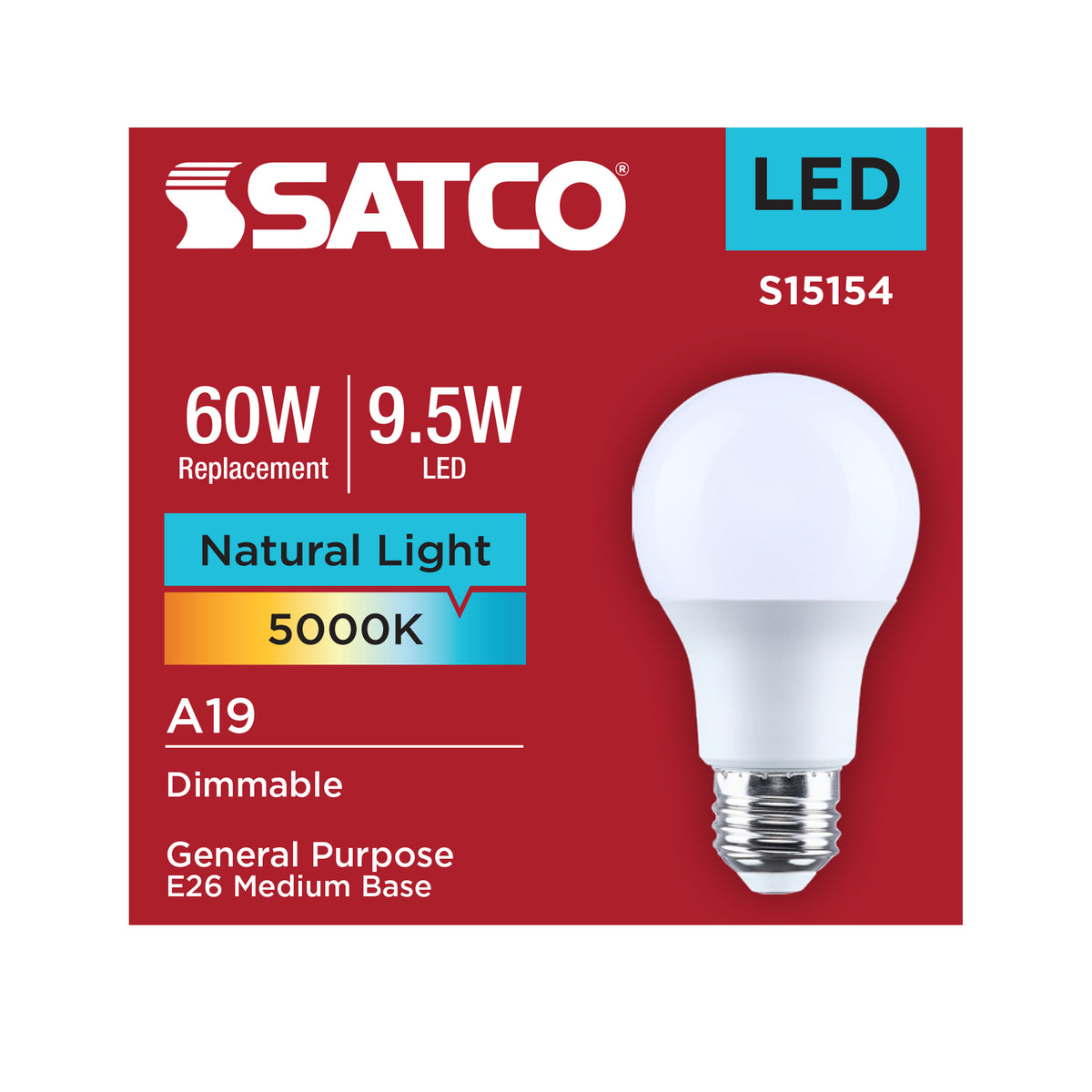 9.5 Watt A19 LED - 5000K CCT - 90 CRI - Medium Base - Plastic - Dimmable - 120 Volt